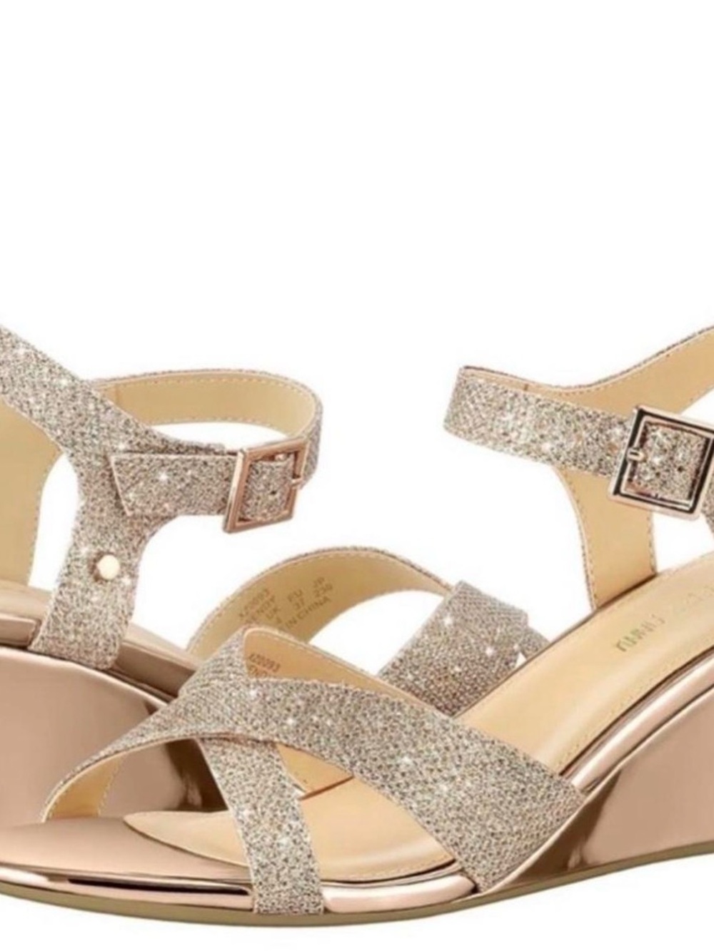 Glitter Metallic Rose Wedge Sandal with Ankle Buckle